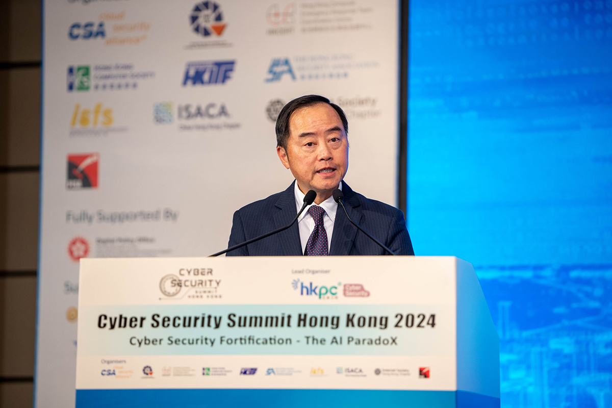 Ir Tony Wong, Commissioner for Digital Policy, delivered opening remarks at the “Cyber Security Summit Hong Kong 2024”.