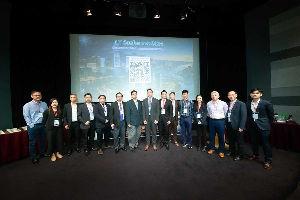 Mr Daniel Cheung, Deputy Commissioner (Digital Infrastructure) (middle), in group photo with Ir Dr SL Mak, Chairman, Institution of Engineering and Technology Hong Kong (IET Hong Kong) (7th left), Ir Dr Hon Lo Wai-kwok, Legislative Council Member (6th left), Hon Duncan Chiu, Legislative Council Member (7th right), Ir Wallace Poon, Chairman, ICT Section, IET Hong Kong (5th left), Mr Joe Wan, Chairman, Organising Committee of the ICT Conference 2024 (6th right), and other speakers at the “ICT Conference 2024”