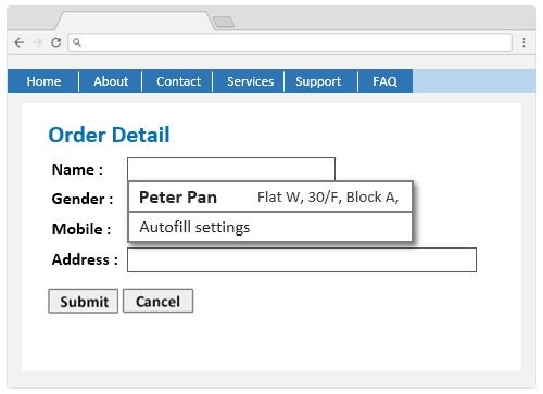 A webpage sample with an online input form and the autocomplete feature is applied.
