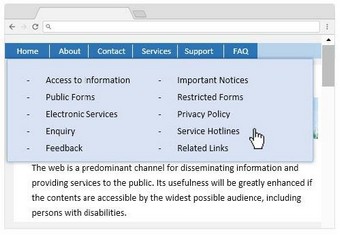 A webpage sample displayed with a mega dropdown menu which covers part of the main content. A webpage sample displayed with a mega dropdown menu which covers part of the main content.