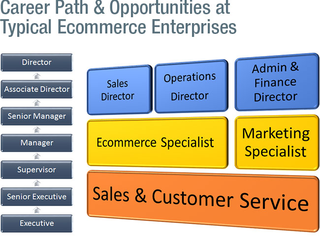 Career Path: Typical career path at eCommerce Enterprises covers Executive, Senior Executive, Supervisor, Manager, Senior Manager, Associate Director and Director․ Basically there are five building blocks under the company structure: the bottom layer is the Sales & Customer Service, the middle layer is the eCommerce Specialist and Marketing Specialist, and the top layer is the Sales Director and Operations Director, and the Admin & Finance Director․